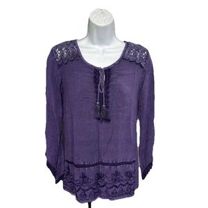 Studio Works Women's Small Purple Bohemian Tunic Top Crochet Tassels Y2K Style‎